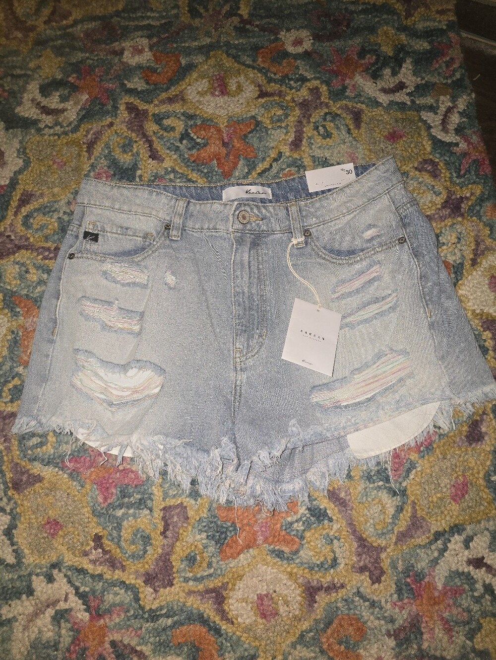 KanCan Light Wash Distressed Denim Shorts with Rainbow Underlay